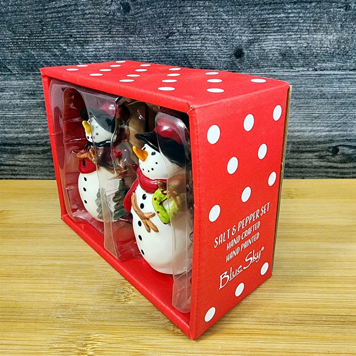 Snowman Salt Pepper Set Christmas Holiday Ceramic Blue Sky Heather Goldminc