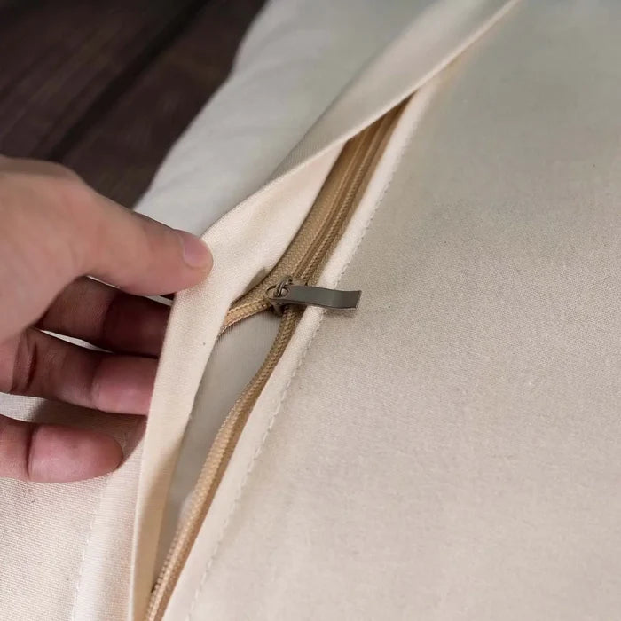 Vindigo beige cotton cushion cover back side zipper detail close-up