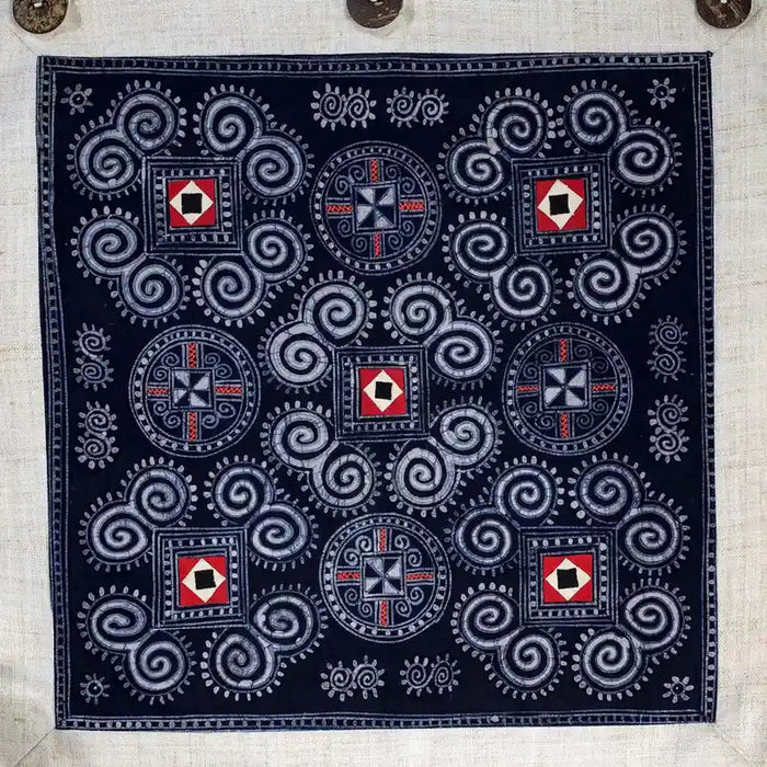 Vindigo indigo hemp batik tapestry close-up circular pattern