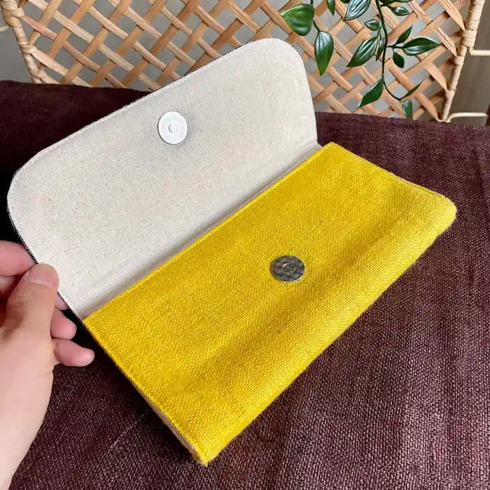 Vindigo long purse yellow hemp geo square inside view with open flap