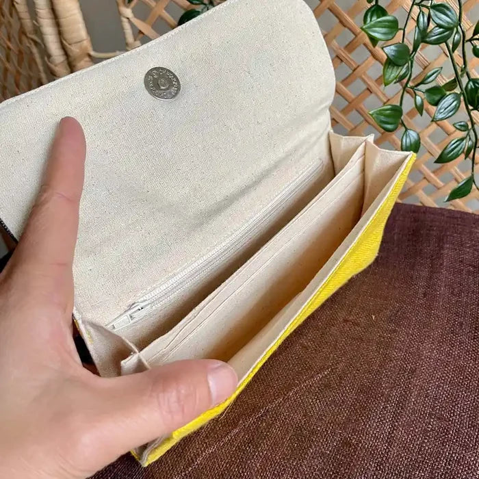 Vindigo long purse yellow hemp geo square inner view with hand