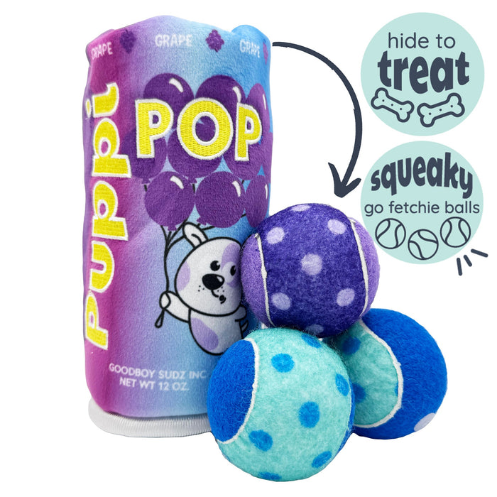 Dog with Squeak 'n Peek Puppi Pop Grape Dog Toy.
