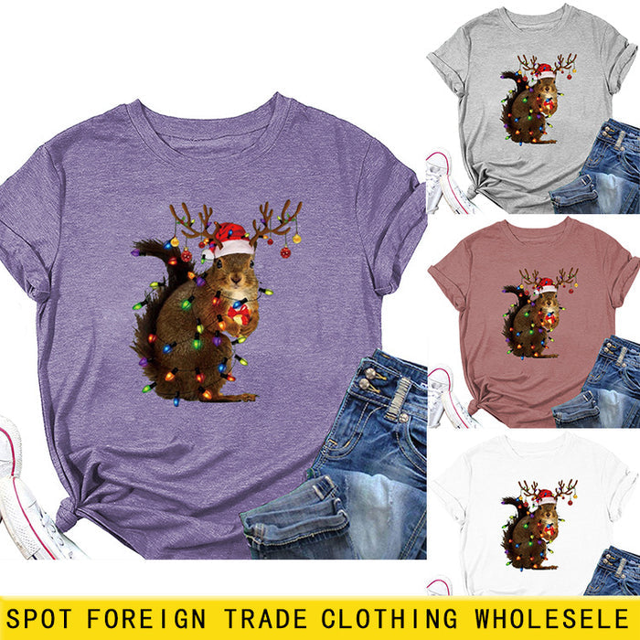 Squirrel Print Woman Casual Crewneck Short Sleeves