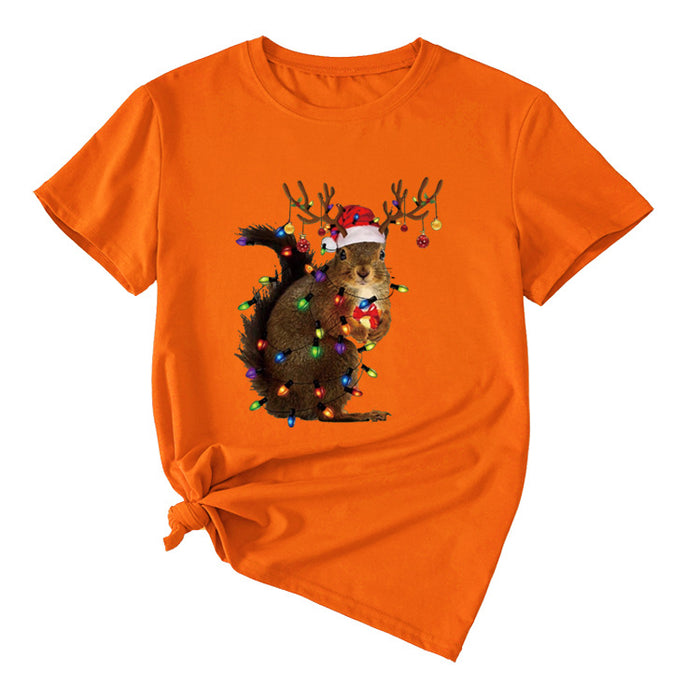 Squirrel Print Woman Casual Crewneck Short Sleeves