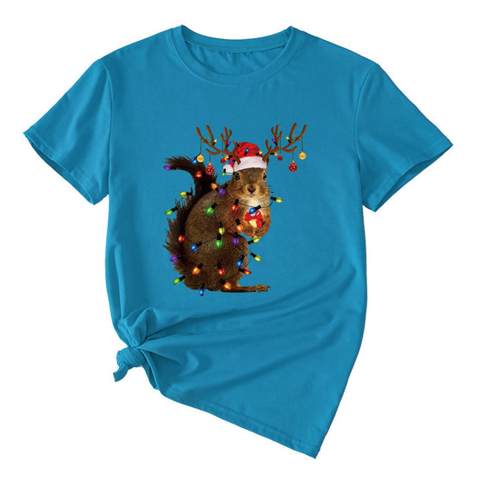 Squirrel Print Woman Casual Crewneck Short Sleeves