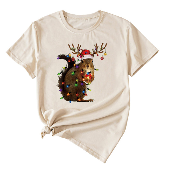 Squirrel Print Woman Casual Crewneck Short Sleeves