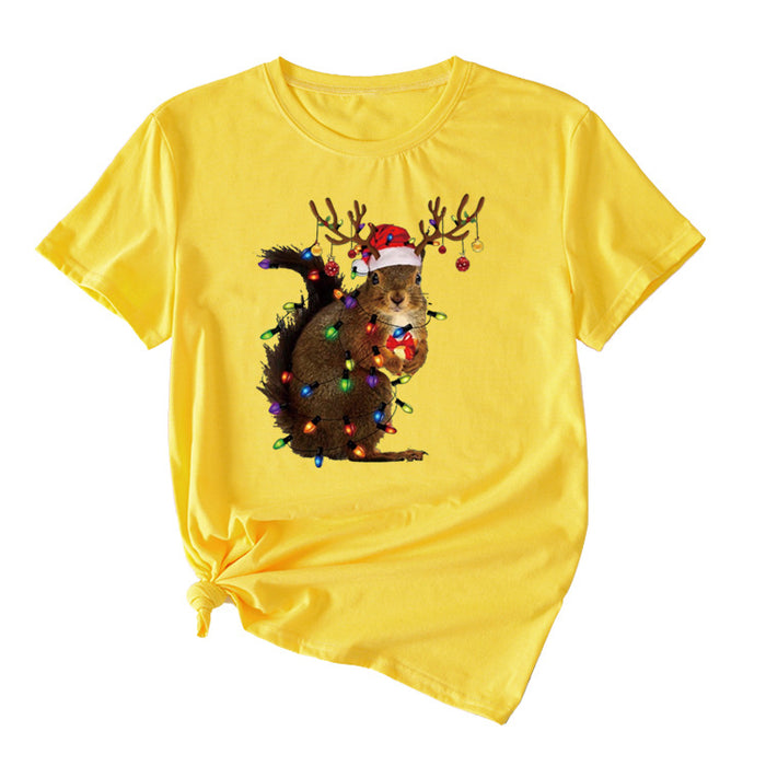 Squirrel Print Woman Casual Crewneck Short Sleeves