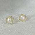 Handmade sterling silver freshwater pearl stud earrings with organic artisan silver setting – timeless pearl jewelry gift for women