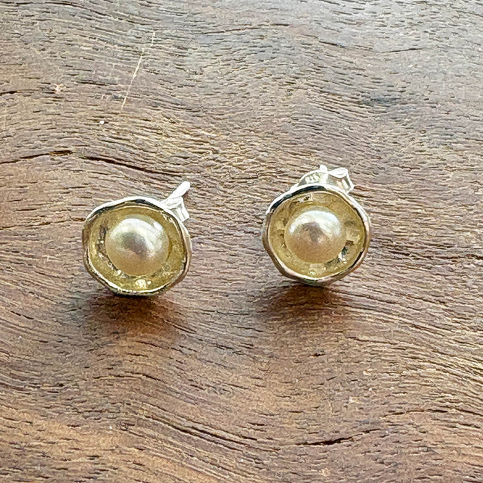 Handmade sterling silver freshwater pearl stud earrings with organic artisan silver setting – timeless pearl jewelry gift for women