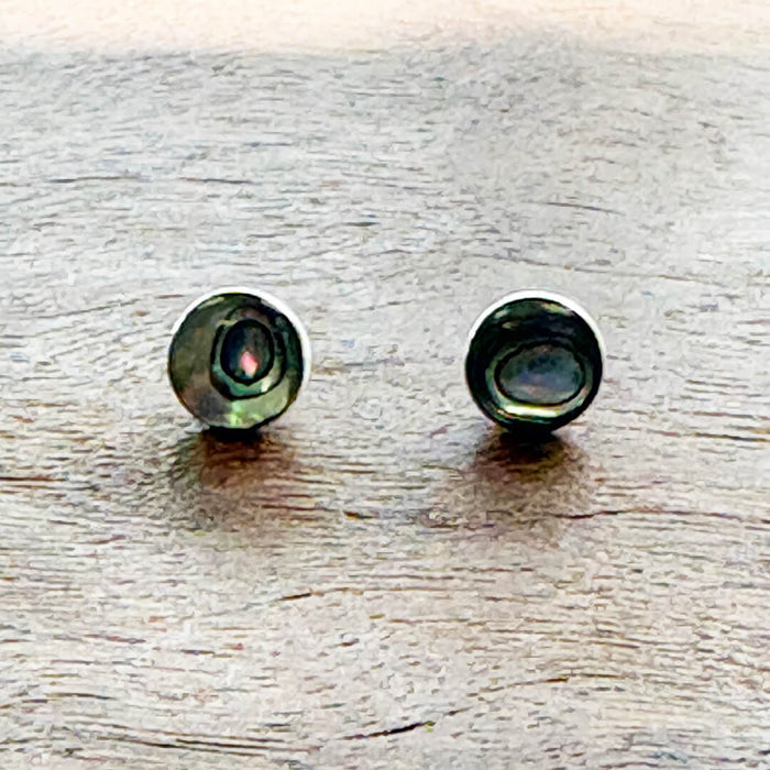 Handmade sterling silver Mother of Pearl stud earrings with organic artisan bezel setting – timeless shell jewelry gift for women