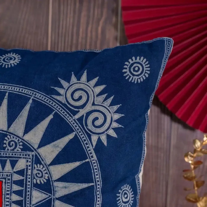 Vindigo blue batik cushion cover spiral sunburst pattern close-up