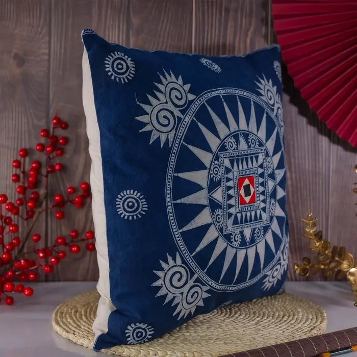 Vindigo blue hand-drawn batik cushion cover sunburst motif side view