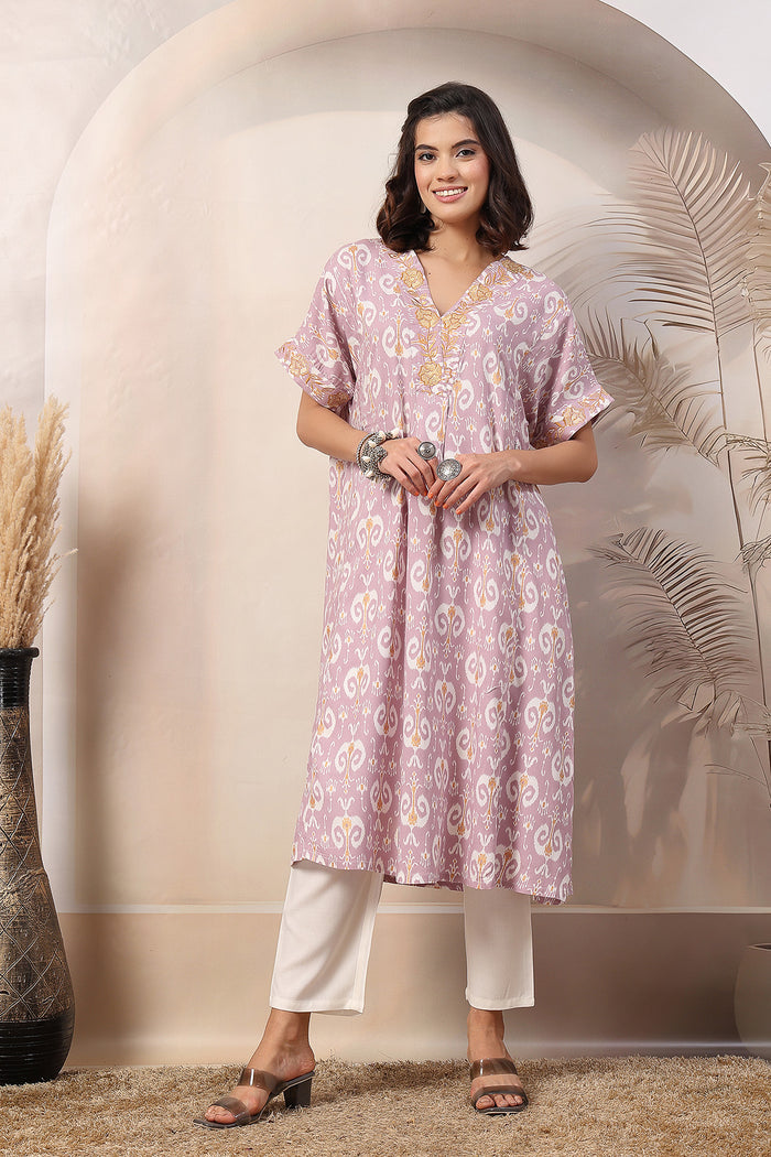 Comfort-focused image of the Sunshine Lavender Glow Rayon Suit Set, designed for style through pregnancy and postpartum.