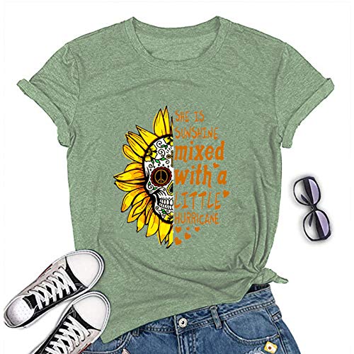 Sunshine Mixed with A Little Hurricane Women Graphic T-Shirt Sunflower Skull Shirt