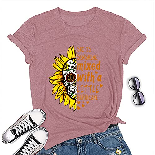 Sunshine Mixed with A Little Hurricane Women Graphic T-Shirt Sunflower Skull Shirt
