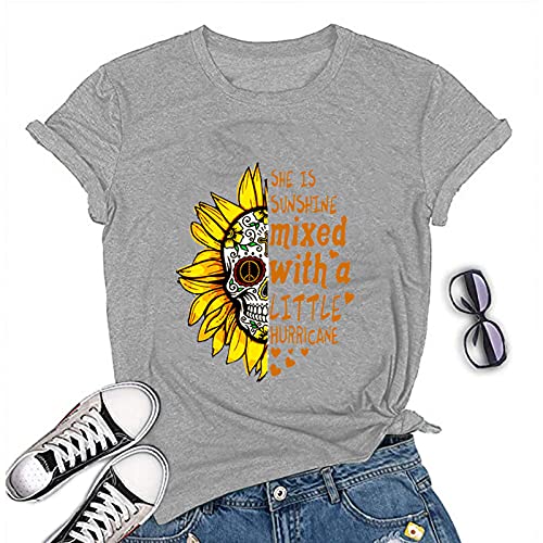 Sunshine Mixed with A Little Hurricane Women Graphic T-Shirt Sunflower Skull Shirt