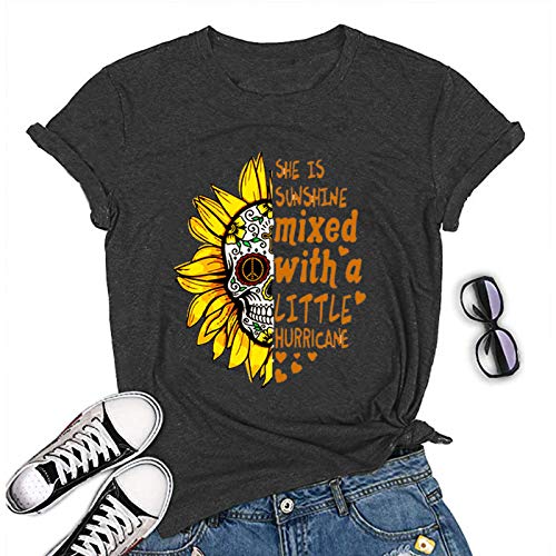 Sunshine Mixed with A Little Hurricane Women Graphic T-Shirt Sunflower Skull Shirt