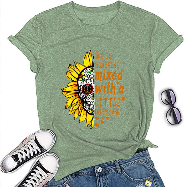 Sunshine Mixed with A Little Hurricane Women Graphic T-Shirt Sunflower Skull Shirt