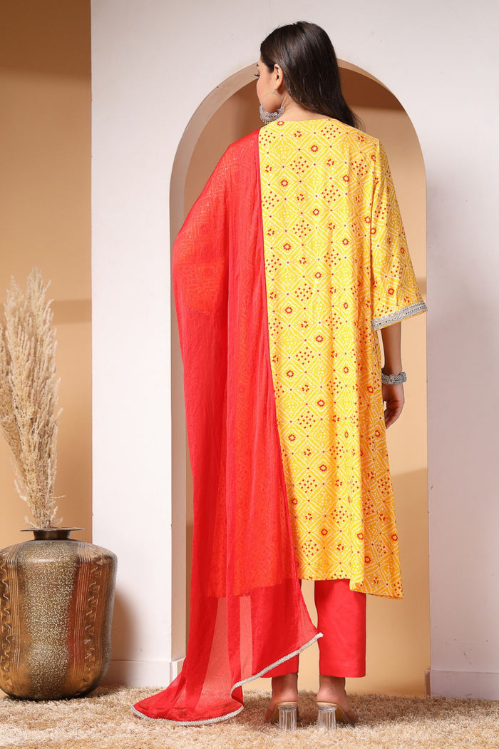 Side profile of the Sunshine Serenade And Kurta Set, showing the smooth drape of the Rayon fabric.