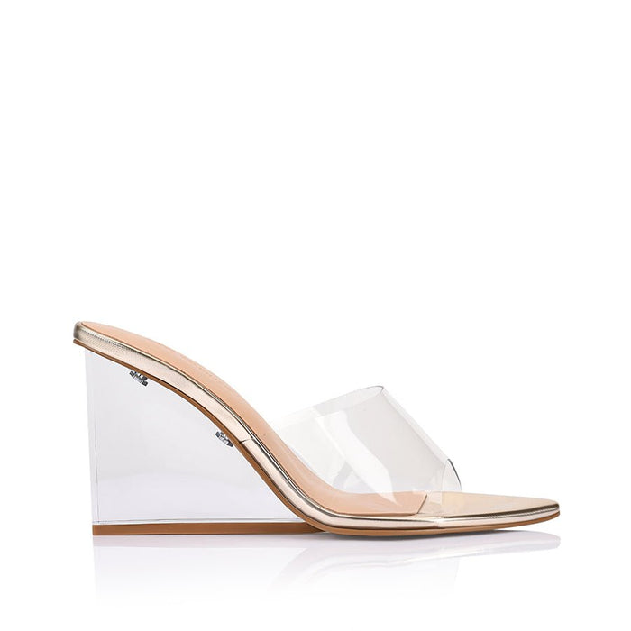 Suzy Wedge Lucite & Gold Metallic Leather - SODA Fashion Haus