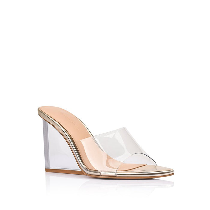 Suzy Wedge Lucite & Gold Metallic Leather - SODA Fashion Haus