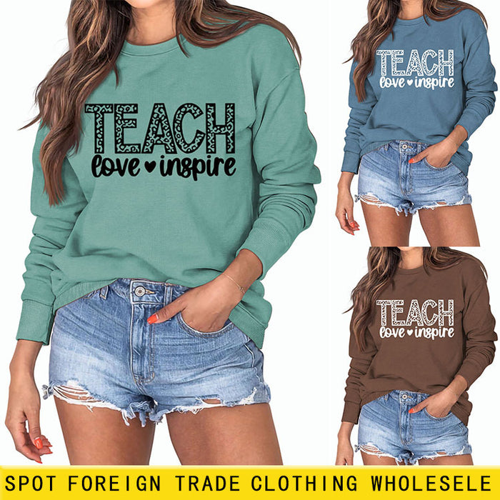 TEACH LOVE INSPIRE Letter Leopard Fall/Winter Leisure Long Sleeve Ladies Large Size Sweater