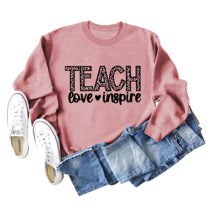 TEACH LOVE INSPIRE Letter Leopard Fall/Winter Leisure Long Sleeve Ladies Large Size Sweater