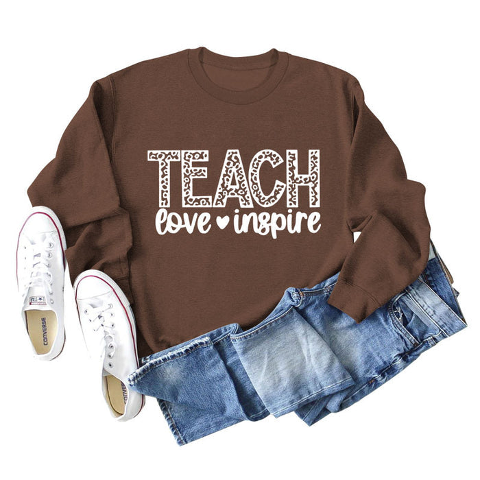 TEACH LOVE INSPIRE Letter Leopard Fall/Winter Leisure Long Sleeve Ladies Large Size Sweater