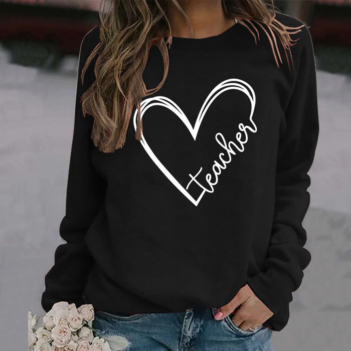 Teacher Heart Letters Round Neck Loose Bottoming Large Size Long-sleeved Sweater Women