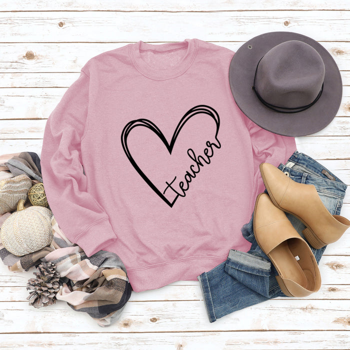Teacher Heart Letters Round Neck Loose Bottoming Large Size Long-sleeved Sweater Women