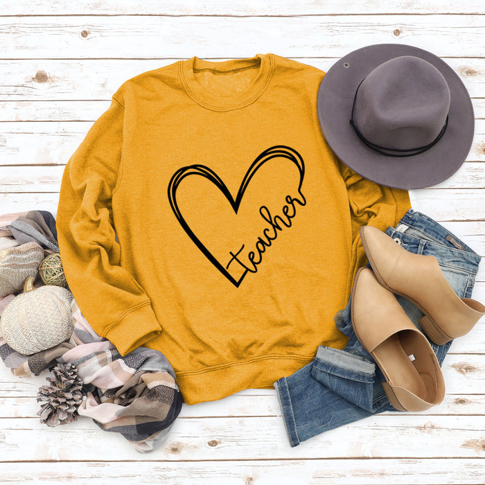 Teacher Heart Letters Round Neck Loose Bottoming Large Size Long-sleeved Sweater Women