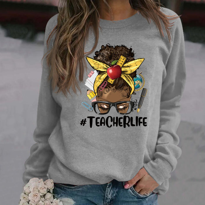 Teacherlife Apple Letter Print Loose Long Sleeve Sweater Girl