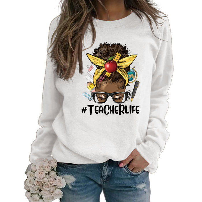 Teacherlife Apple Letter Print Loose Long Sleeve Sweater Girl
