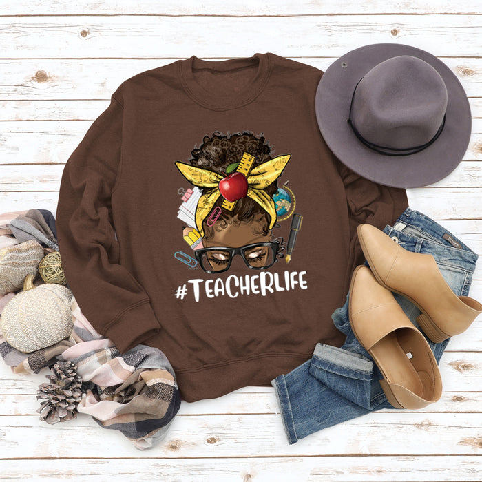 Teacherlife Apple Letter Print Loose Long Sleeve Sweater Girl