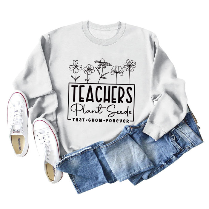 Teachers Plant Seeds Round Neck Letter Loose Long Sleeve Sweater