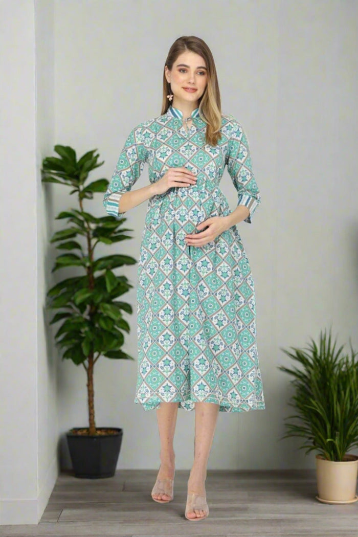Full view of the Teal and white feeding & maternity Kurtis Cotton Kurti on a model, highlighting its A-line fit and l...