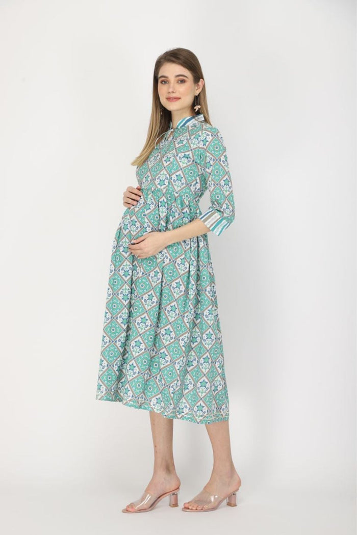 Back view of the Teal and white feeding & maternity Kurtis Kurti, showcasing the flowing long-sleeve kurti.