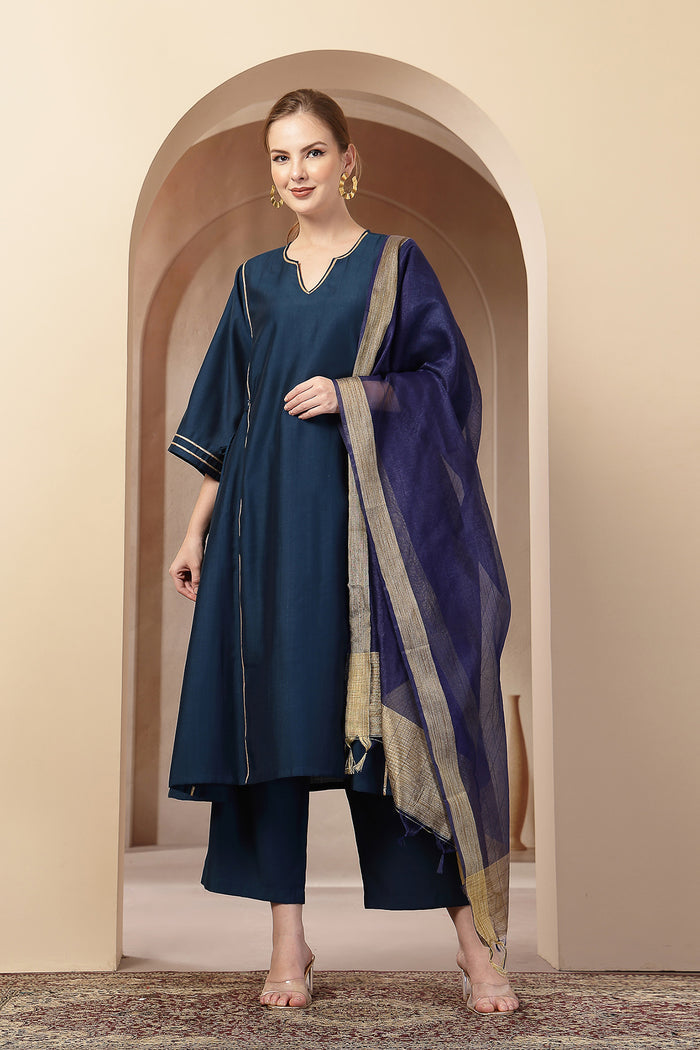 Teal Concealed Zip Roman Silk Suit Set: Discreet Zips for easy nursing, featuring a Flattering A-Line silhouette.
