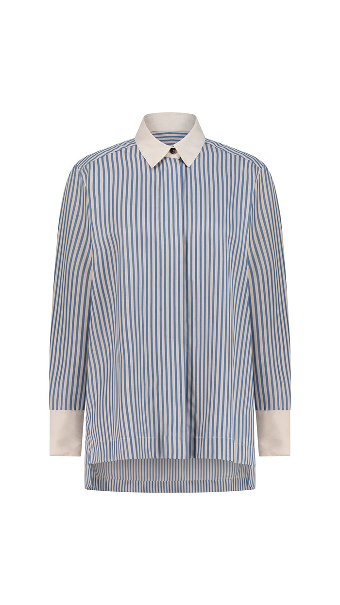 TENCEL™ Edit Blue Stripe Lounge Shirt – front view – TENCEL™ – ANNA HORA