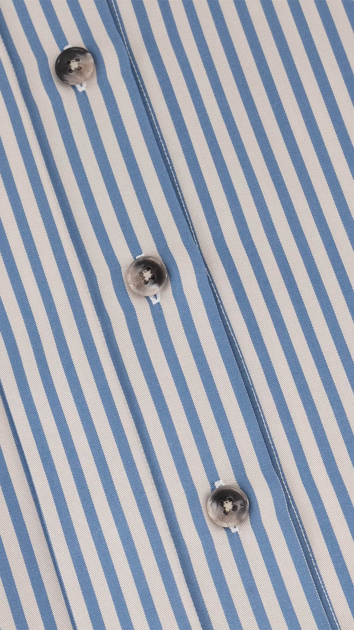 TENCEL™ Edit Blue Stripe Lounge Shirt button placket and stripe detail.