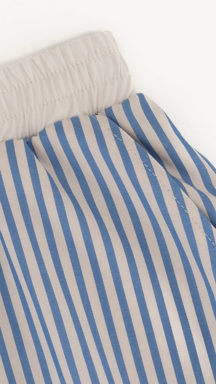 TENCEL™ Edit Blue Stripe Lounge Shorts waistband and stripe detail, flat lay.