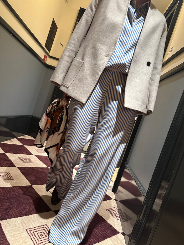 TENCEL™ Edit Blue Stripe Lounge Trousers styled with a white blazer.
