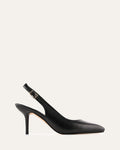 Black high-heeled slingback shoe on a white background