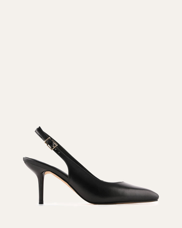 Black high-heeled slingback shoe on a white background