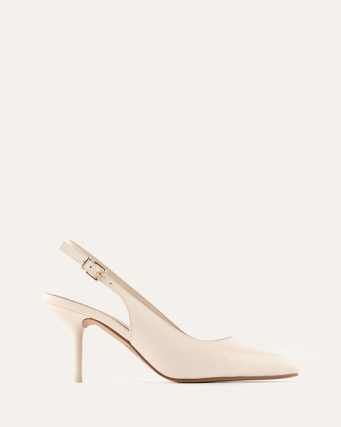 Beige high-heeled shoe on a white background
