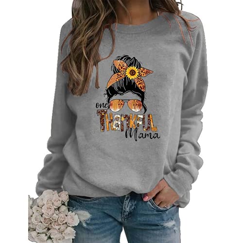 Thanksgiving Mom Gift Sweatshirt Women One Thankful Mama Graphic Shirt