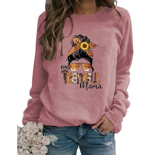 Thanksgiving Mom Gift Sweatshirt Women One Thankful Mama Graphic Shirt