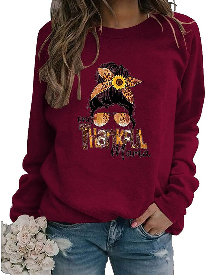 Thanksgiving Mom Gift Sweatshirt Women One Thankful Mama Graphic Shirt