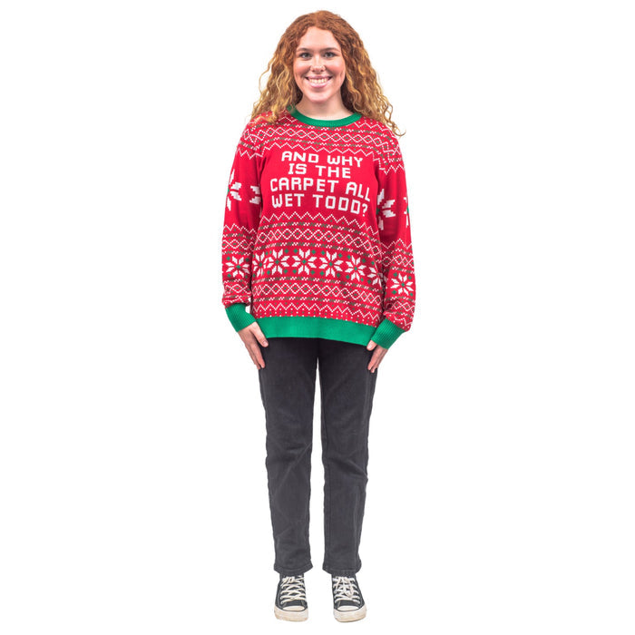 Todd and Margo Why is The Carpet Wet I Don’t Know Knitted Ugly Christmas Sweater