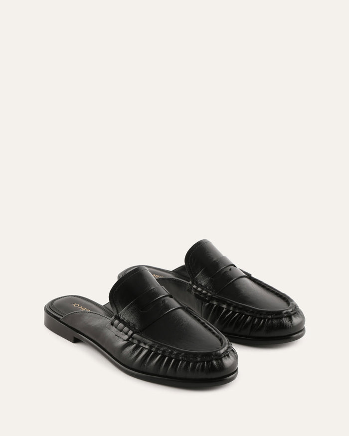 Pair of black loafers on a white background
